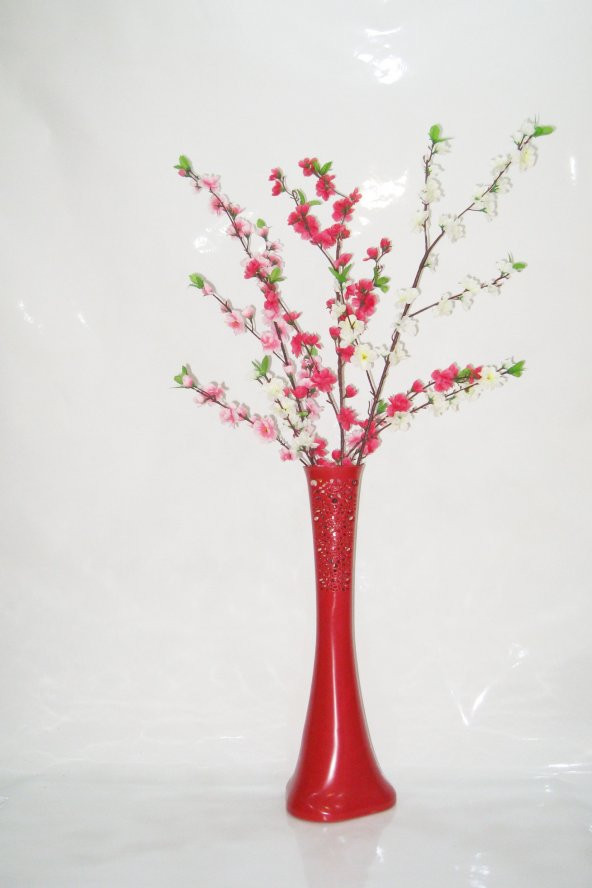60 cm Kırmızı Desenli Vazo Üç Renk Bahar Dalı ürün görseli 1