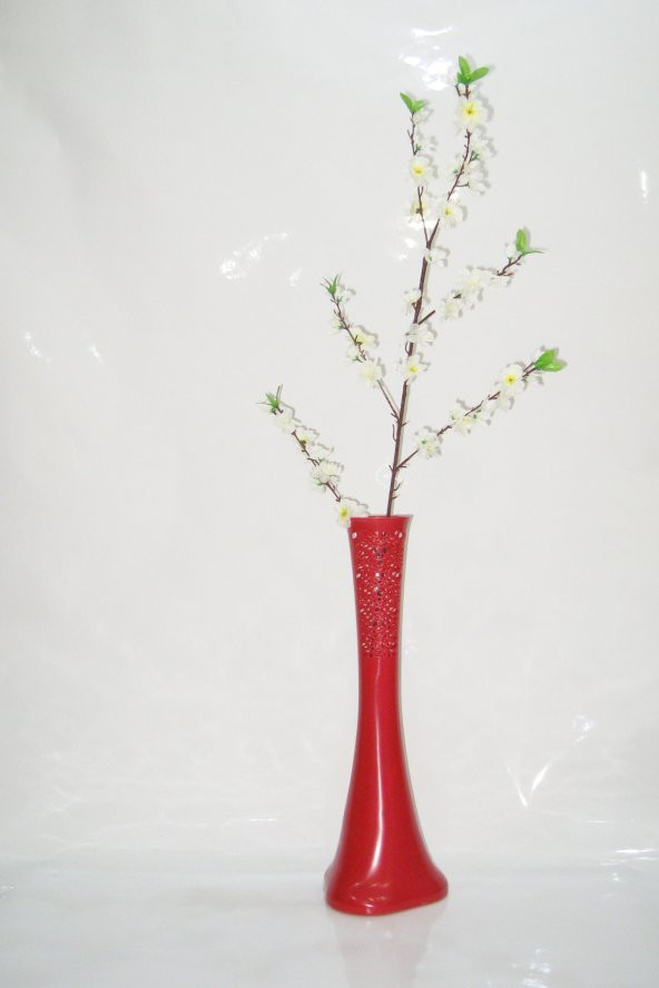 60 cm Kırmızı Desenli Vazo Beyaz Bahar Dalı ürün görseli 1