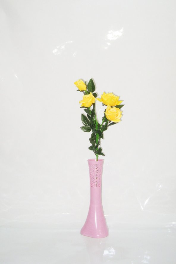 Uzun 4 Başlı Sarı Gül 40 cm Pembe İşlemeli Derin Desenli Vazo ürün görseli 1