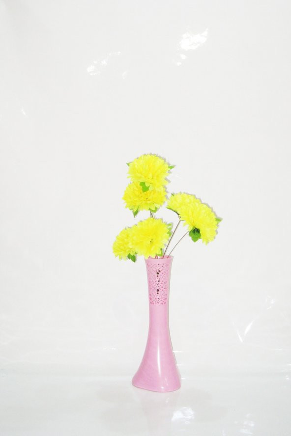 Uzun 4 Başlı Sarı Çiçek 40 cm Pembe İşlemeli Derin Desenli Vazo ürün görseli 1