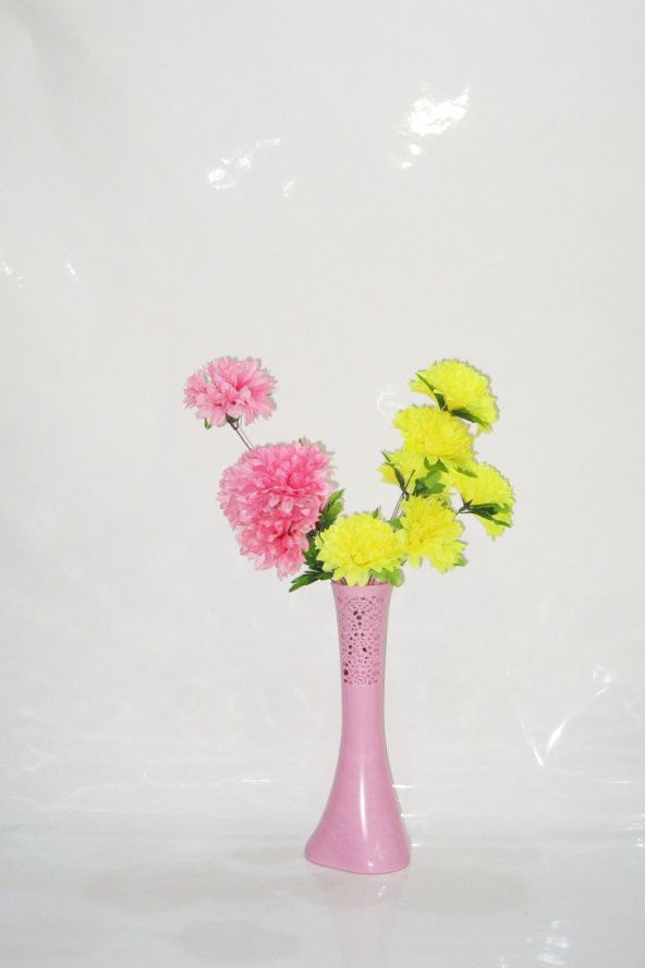 Uzun 5 Sarı 5 Pembe Çiçek 40 cm Pembe İşlemeli Delikli Desenli Derin Vazo ürün görseli 1