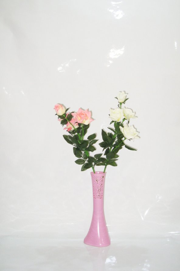 Uzun 4 Pembe 4 Beyaz Gül Çiçek 40 cm Pembe İşlemeli Vazo ürün görseli 1