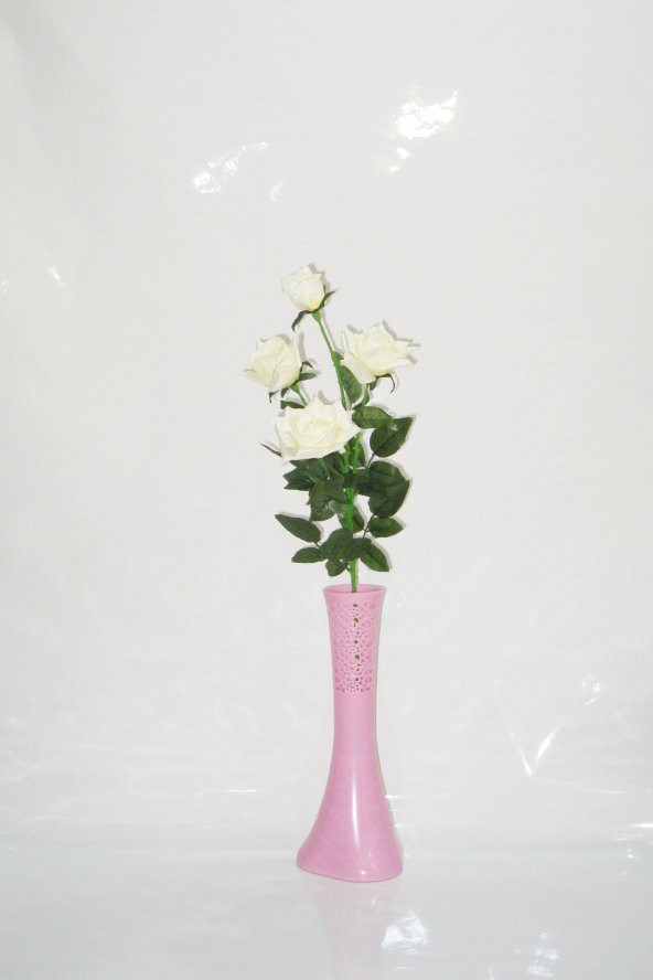 Uzun 4 Beyaz Güllü 40 cm Pembe İşlemeli Desenli Geniş Taban Vazo ürün görseli 1