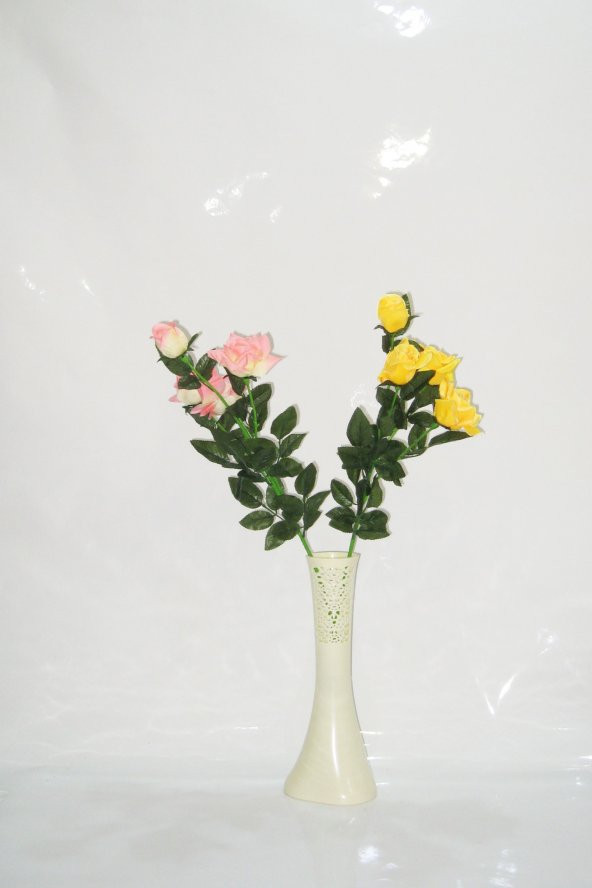 Uzun 40 cm Krem Rengi Delikli Desenli Vazo 70 cm Pembe Sarı Gül ürün görseli 1