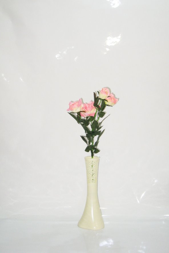 Uzun Yeşil Yapraklı 4 Pembe Güllü 40 cm Krem Rengi İşlemeli Vazo ürün görseli 1