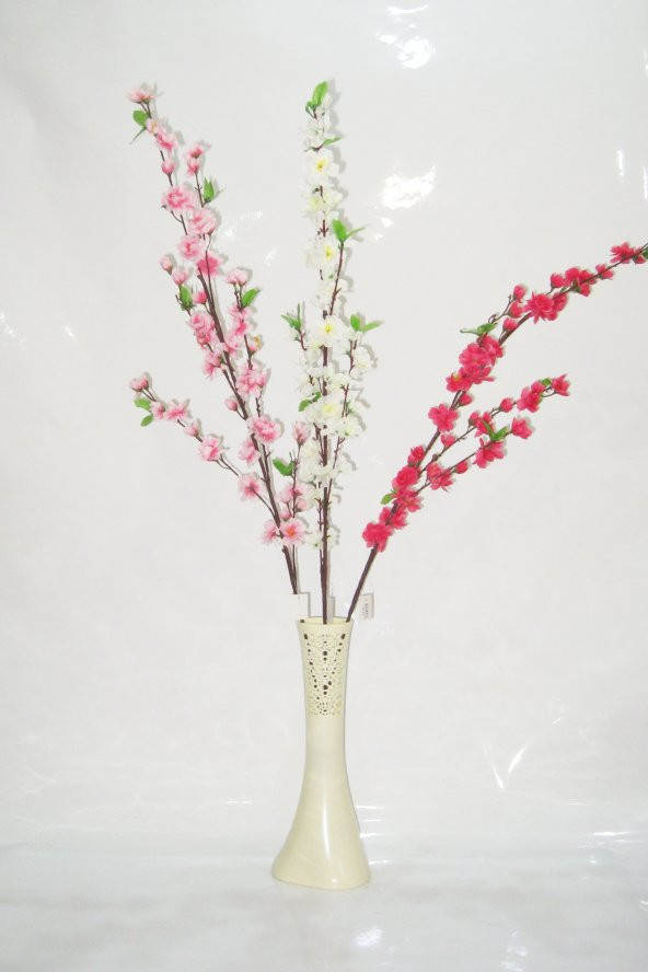 Uzun 40 cm Krem Rengi Desenli Vazo ve Kırmızı Beyaz Pembe Sakura Bahar Dalları ürün görseli 1