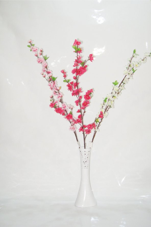Uzun 40 cm Delikli Beyaz Vazo 3 Renkli Pembe Kırmızı Beyaz Bahar Dalları ürün görseli 1