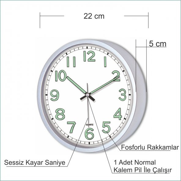 Beyaz Zemin Beyaz Kasa Fosforlu 22 cm Sessiz Çalışan Duvar Saati ürün görseli 1