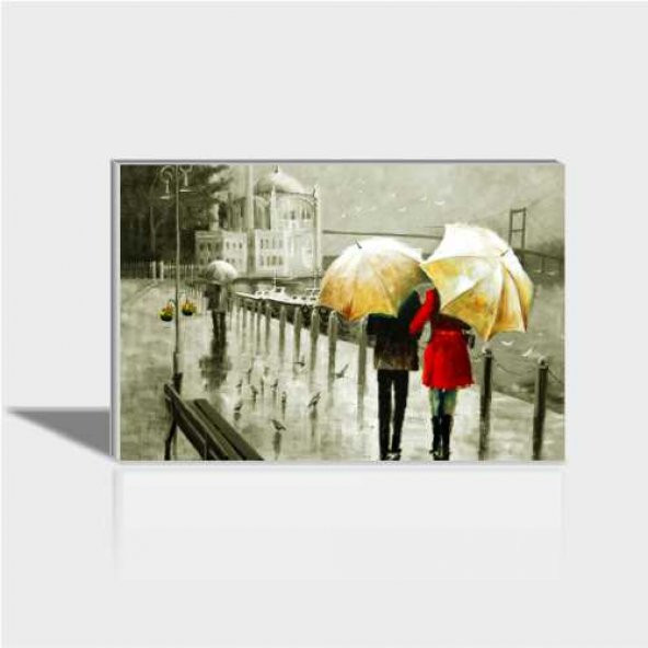 60x90cm Yağlı Boya Ortaköy de Yağmurda Şemsiyeli Çift Büyük Tablo ürün görseli 1