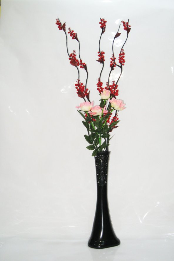 5 Kırmızı Üzüm Dallı 60cm Siyah Desenli Uzun Vazo Pembe Gül ürün görseli 1