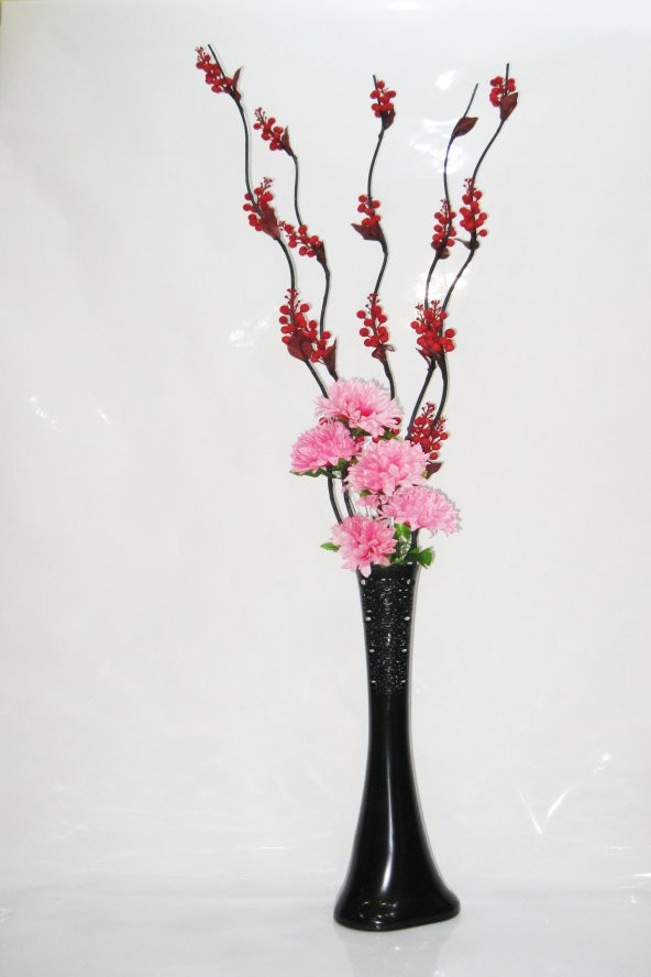 60 cm Uzun Siyah Desenli Vazo 5 Kırmızı Üzüm Dalı 5 Pembe Ortanca ürün görseli 1