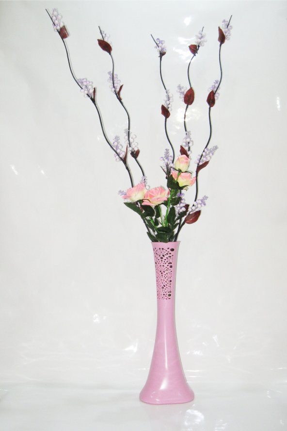 60 cm Uzun Pembe Desenli Vazo 5 Adet Mor Üzüm 5 Adet Pembe Gül ürün görseli 1
