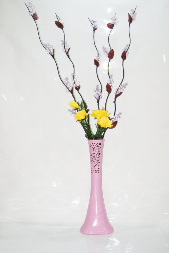 60 cm Pudra Pembe Desenli Uzun Vazo 5 Mor Üzüm Dalı Sarı 4 Gül ürün görseli 1