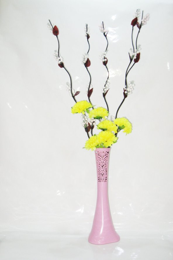 60 cm Pembe Desenli Uzun Vazo 5 Adet Beyaz Üzüm 6 Sarı Ortanca ürün görseli 1