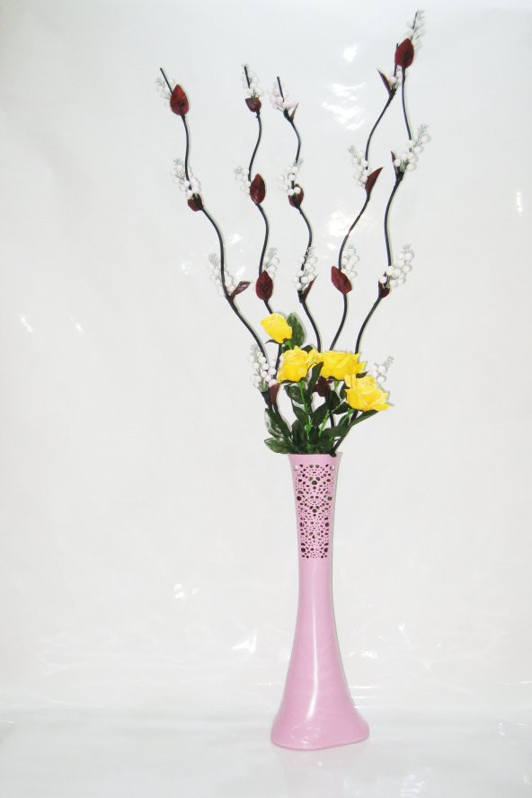60 cm Pembe Desenli Uzun Vazo 5 Adet Beyaz Salkım Üzüm 4 Sarı Gül ürün görseli 1