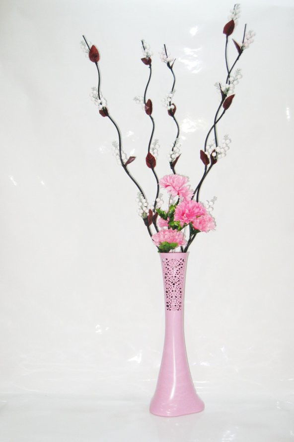 60 cm Uzun Pembe Desenli Vazo 5 Beyaz Salkım Üzüm 6 Pembe Ortanca ürün görseli 1
