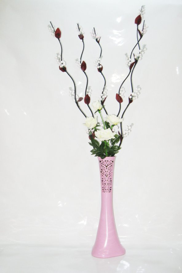 60 cm Uzun Pembe Desenli Vazo 5 Adet Beyaz Üzüm Çiçek Beyaz Gül ürün görseli 1