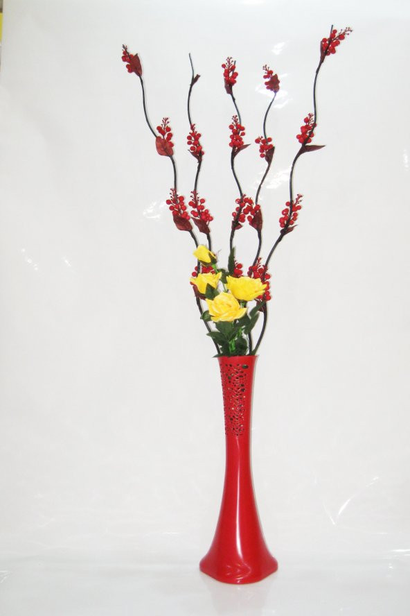 60 cm Desenli Kırmızı Vazo 5 adet Kırmızı Üzüm Çiçek Sarı gül ürün görseli 1