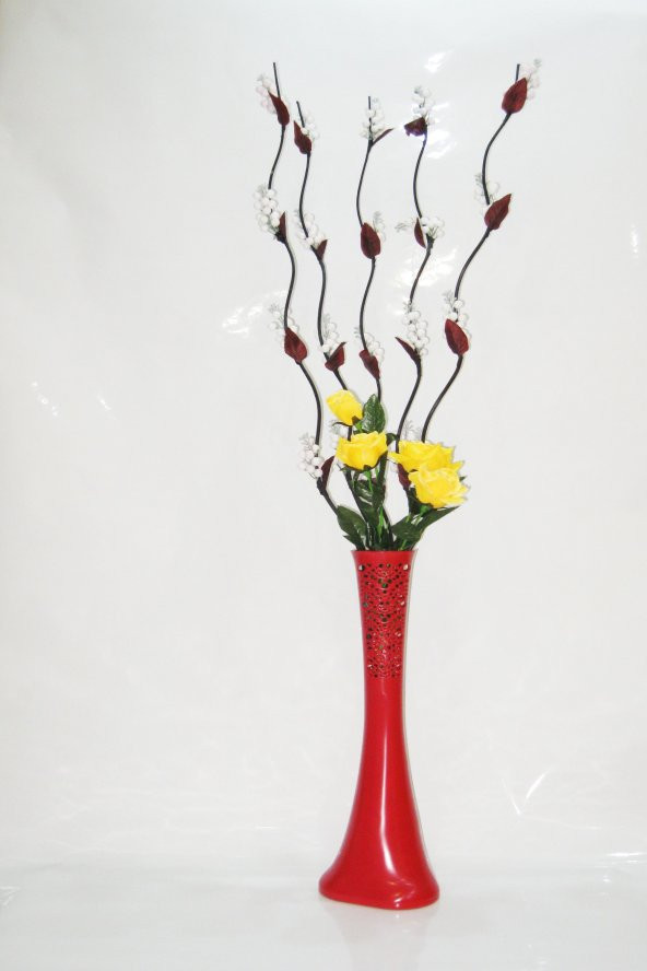 60 cm Desenli Kırmızı Vazo 5 adet Beyaz Üzüm Ve Sarı Gül ürün görseli 1