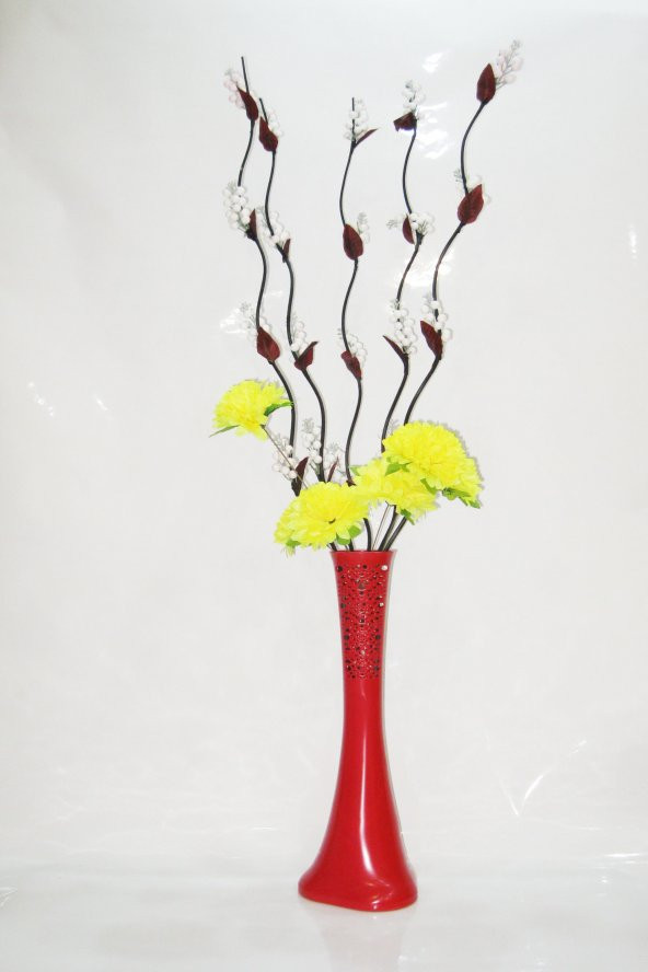 60 cm Desenli Kırmızı Vazo 5 adet Beyaz Üzüm ve Sarı Çiçek ürün görseli 1