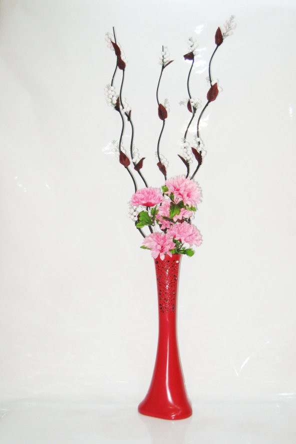 60 cm Kırmızı Desenli Vazo 5 adet Beyaz Üzüm ve Pembe Çiçekler ürün görseli 1