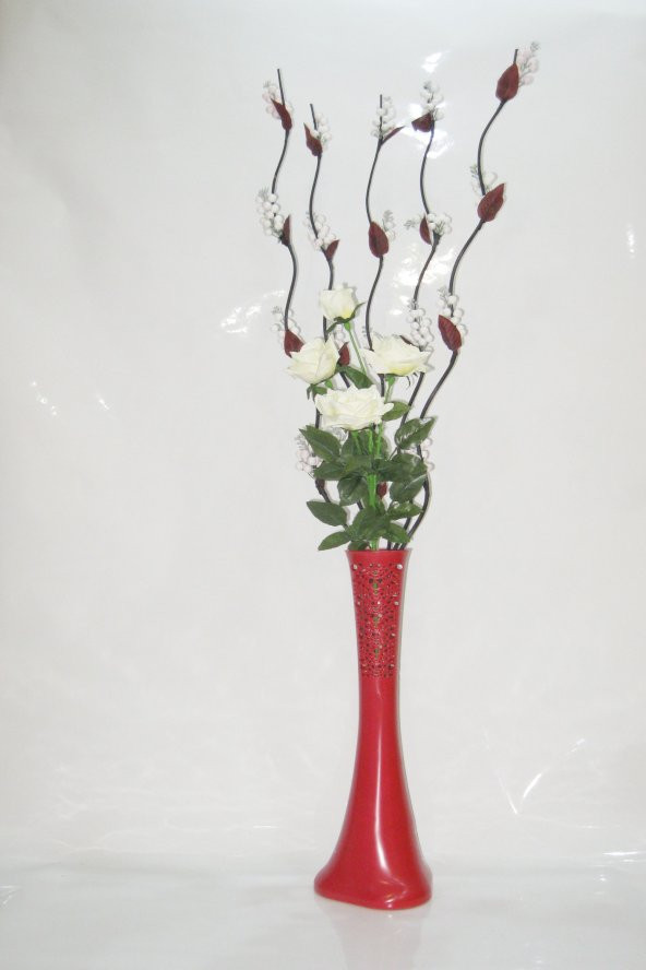 60 cm Desenli Kırmızı Vazo 5 adet Beyaz Üzüm Çiçek Beyaz Gül ürün görseli 1