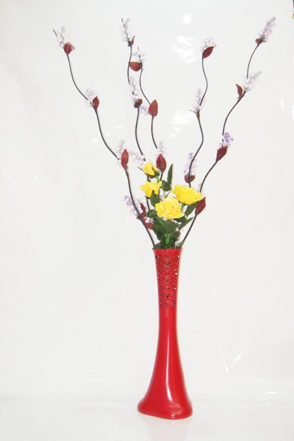 60 cm Desenli Kırmızı Vazo 5 Adet Mor Üzüm Sarı Gül ürün görseli 1