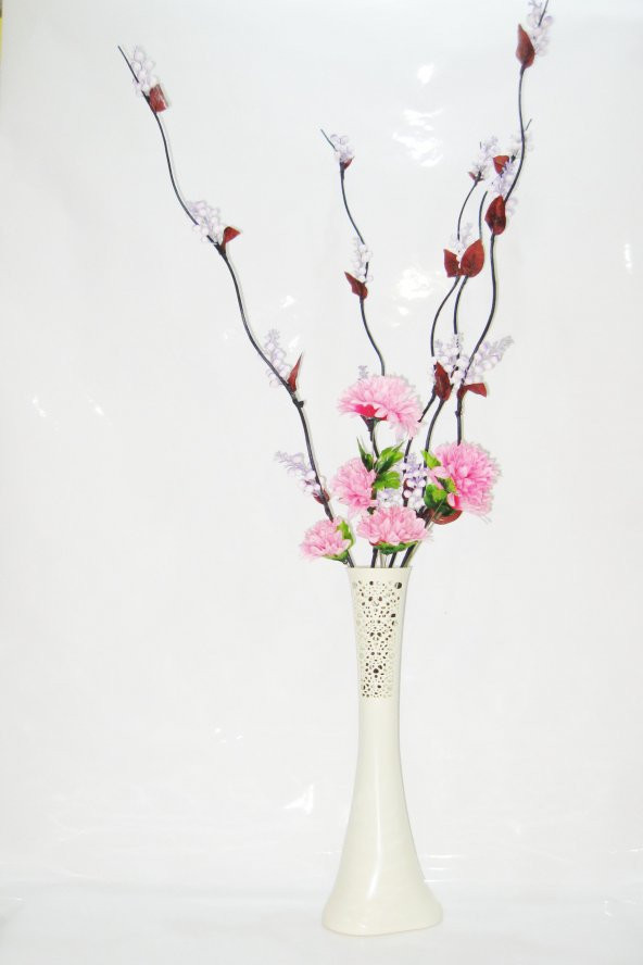 60 cm Desenli Krem Rengi Vazo 5 adet Mor Üzüm Pembe Çiçek ürün görseli 1