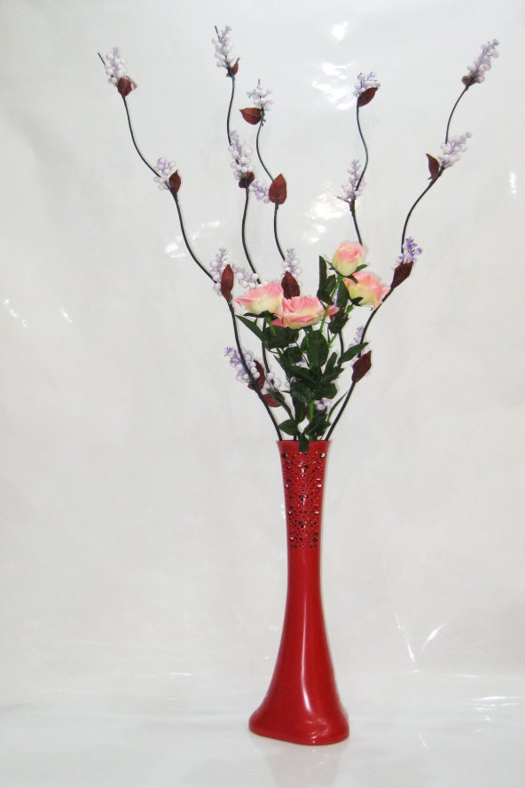 60 cm Desenli Kırmızı Vazo 5 adet Mor Üzüm Pembe Gül ürün görseli 1