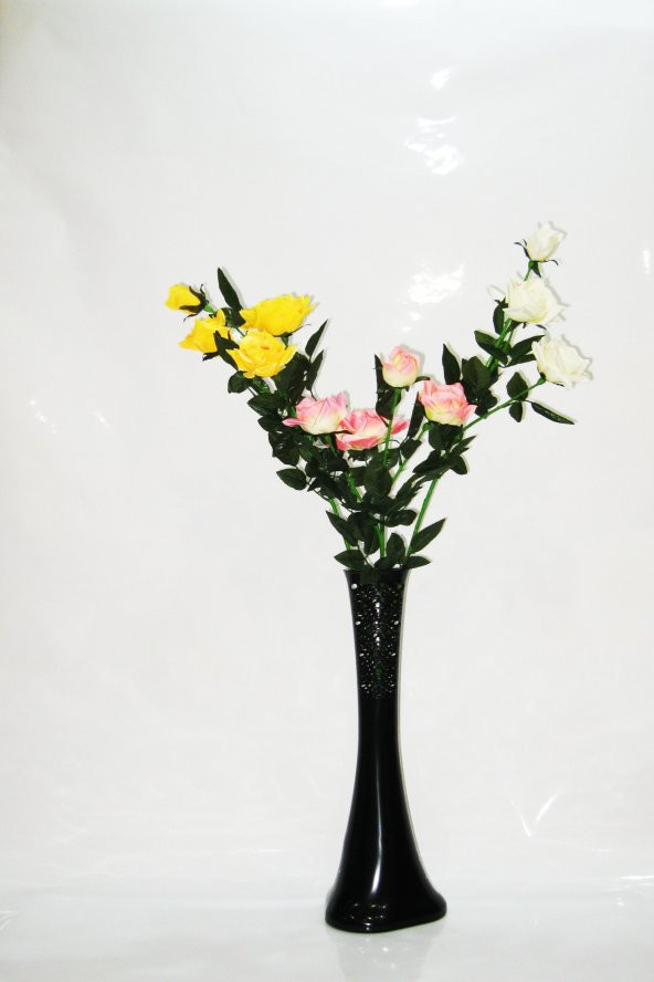 60 cm Siyah Desenli Vazo Üç Renk Gül ürün görseli 1