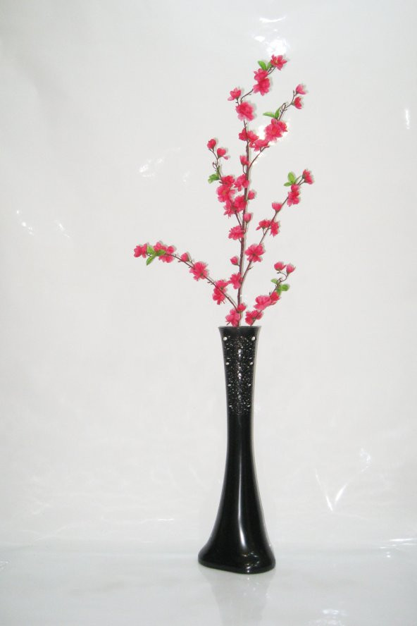 60 cm Desenli Siyah Vazo Fuşya Bahar Dalı ürün görseli 1