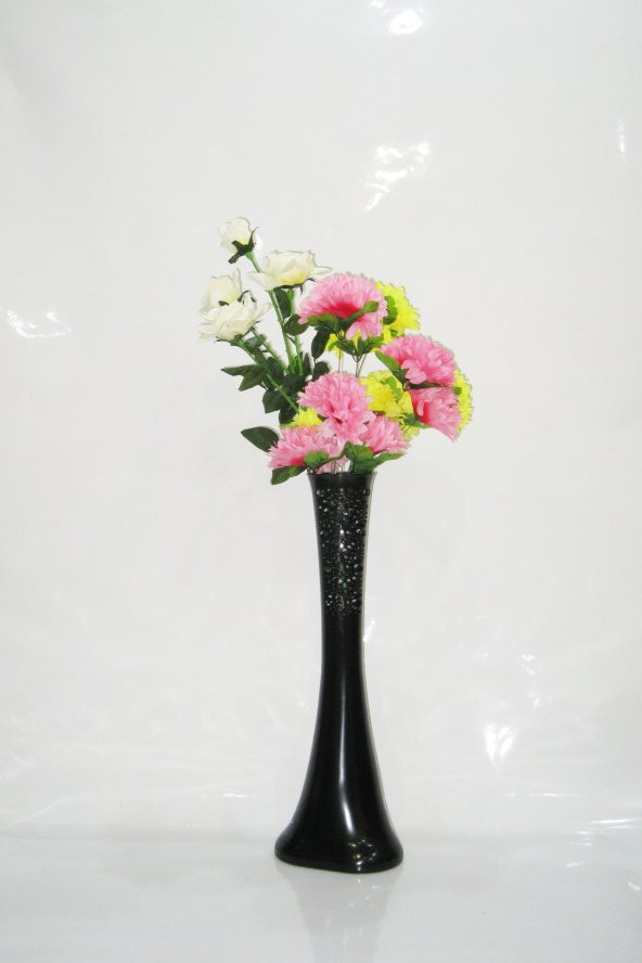 60 cm Desenli Siyah Vazo ve Çiçekler ürün görseli 1