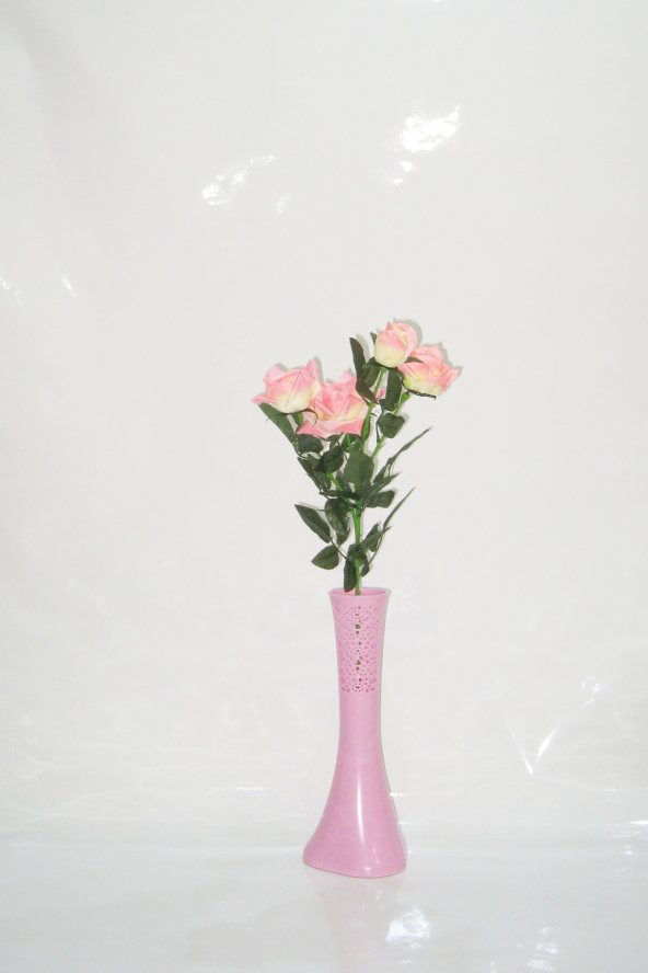 Uzun 4 Başlı Pembe Gül 40 cm Pembe İşlemeli Derin Vazo ürün görseli 1