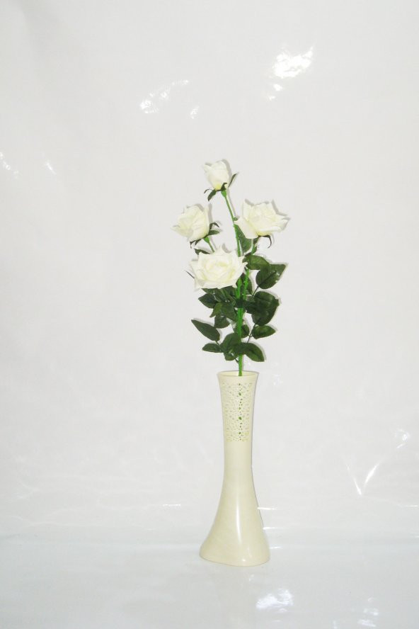 Uzun 40 cm Krem Rengi İşlemeli Vazo Beyaz 4 Parça Yapraklı Beyaz Gül ürün görseli 1