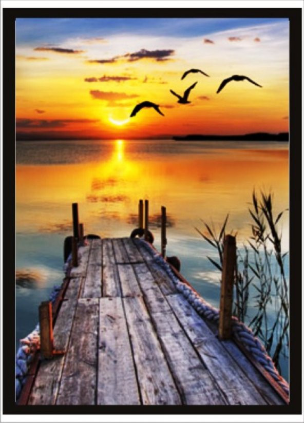 70x100cm İskele, Günbatımı ve Yaban Kazları Poster Tablo ürün görseli 1