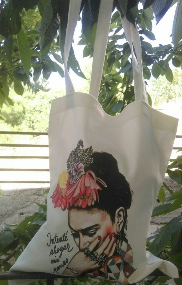 Frida Temalı Bez Çanta Tote Bag - Fermuarlı iç cep - Resim 2