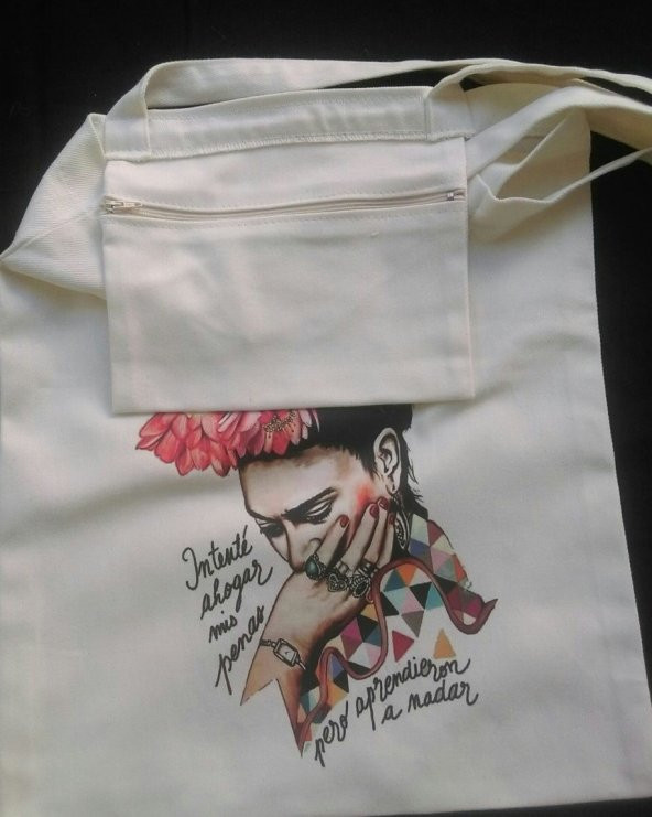 Frida Temalı Bez Çanta Tote Bag - Fermuarlı iç cep - Resim 3