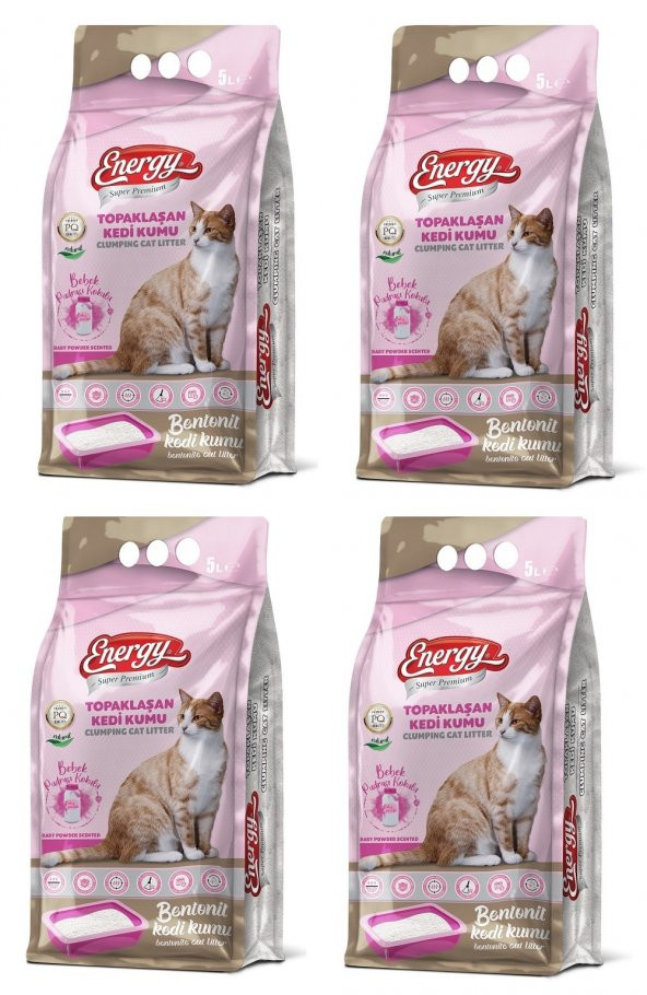 Energy Bentonit Kedi Kumu Bebek Pudrası Kokulu 5 Lt - 4 Paket - Toplam 20 Lt ürün görseli 1