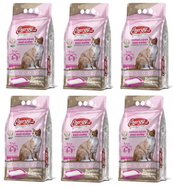 Energy Bentonit Kedi Kumu Bebek Pudrası Kokulu 5 Lt - 6 Paket - Toplam 30 Lt ürün görseli 1
