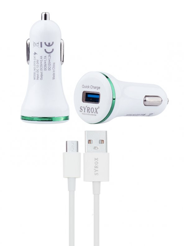 Syrox C47 Araç Şarj Aleti Micro USB Kablo Set 2.4A Beyaz ürün görseli 1