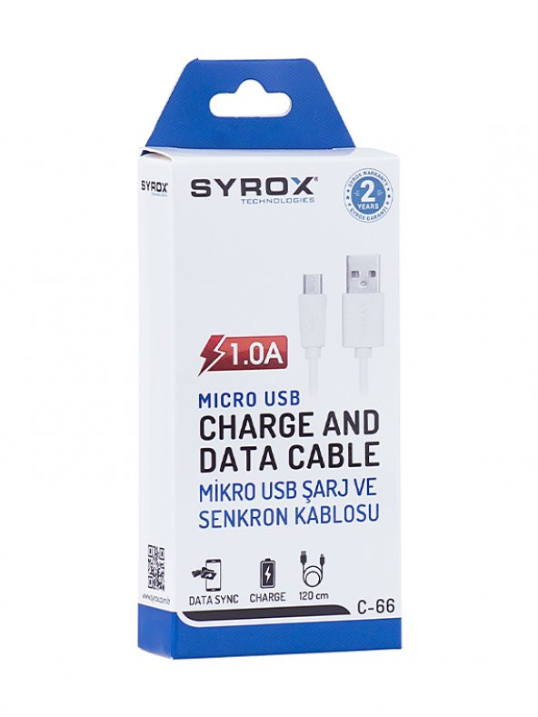 Syrox C66 Micro USB Şarj ve Data Kablo 1.0A 1.2mt Beyaz - Resim 2
