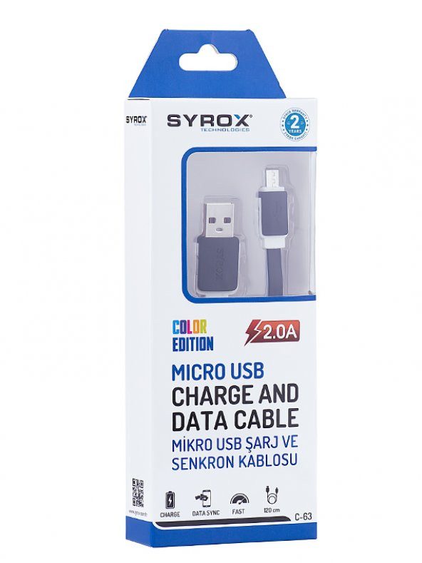 Syrox C63 Micro USB Şarj ve USB Data Kablosu Yassı 2.0A 1.2mt Siyah - Resim 2