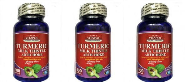 Vitapol Turmeric Milk Thistle Artichoke Gluten Free 100 Kapsül 3 kutu ürün görseli 1