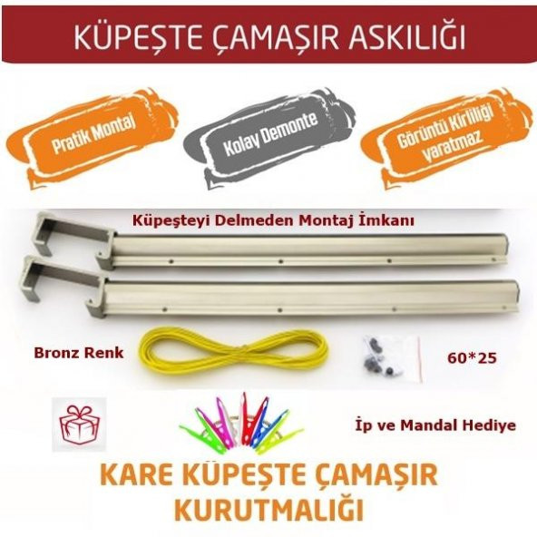 Balkon Çamaşır Kurutma Askısı Dikdörtgen Küpeşte 60*25 Bronz ürün görseli 1