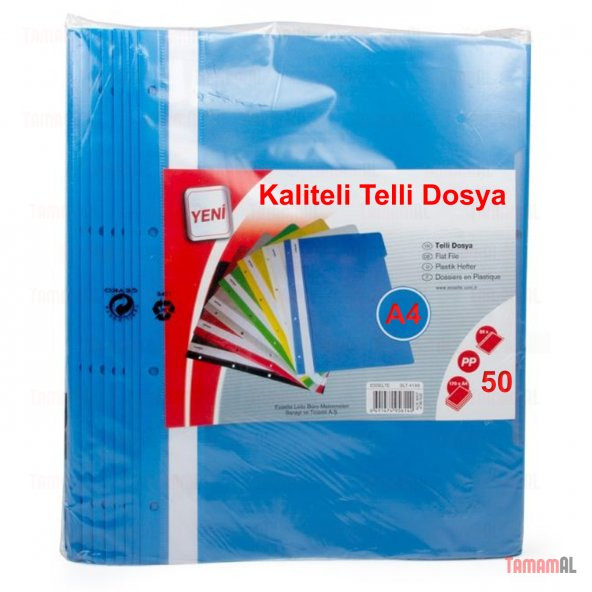 TELLİ DOSYA MAVİ ŞEFFAF 50 ADET POŞET DOSYA VE A4 KAĞIT EVRAK İÇİ ürün görseli 1