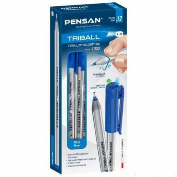 PENSAN TRİBALL MAVİ SİYAH AKIŞKAN Mürekkepli TÜKENMEZ KALEM 12 AD ürün görseli 1