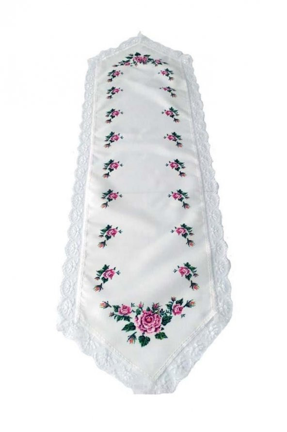 Kanaviçe Baskılı Güpürlü Runner Pembe - Resim 4