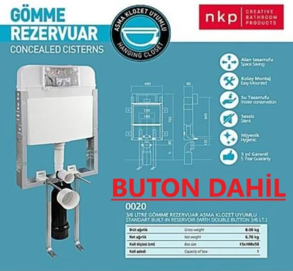 Nkp Gömme Rezervuar Asma Klozet Uyumlu BUTON DAHİL ürün görseli 1