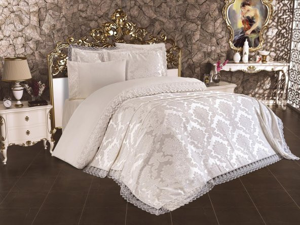 Çeyiz Diyarı Fransız Dantelli Lalezar Gelin Seti 7 Parça Krem 240x250 cm ürün görseli 1