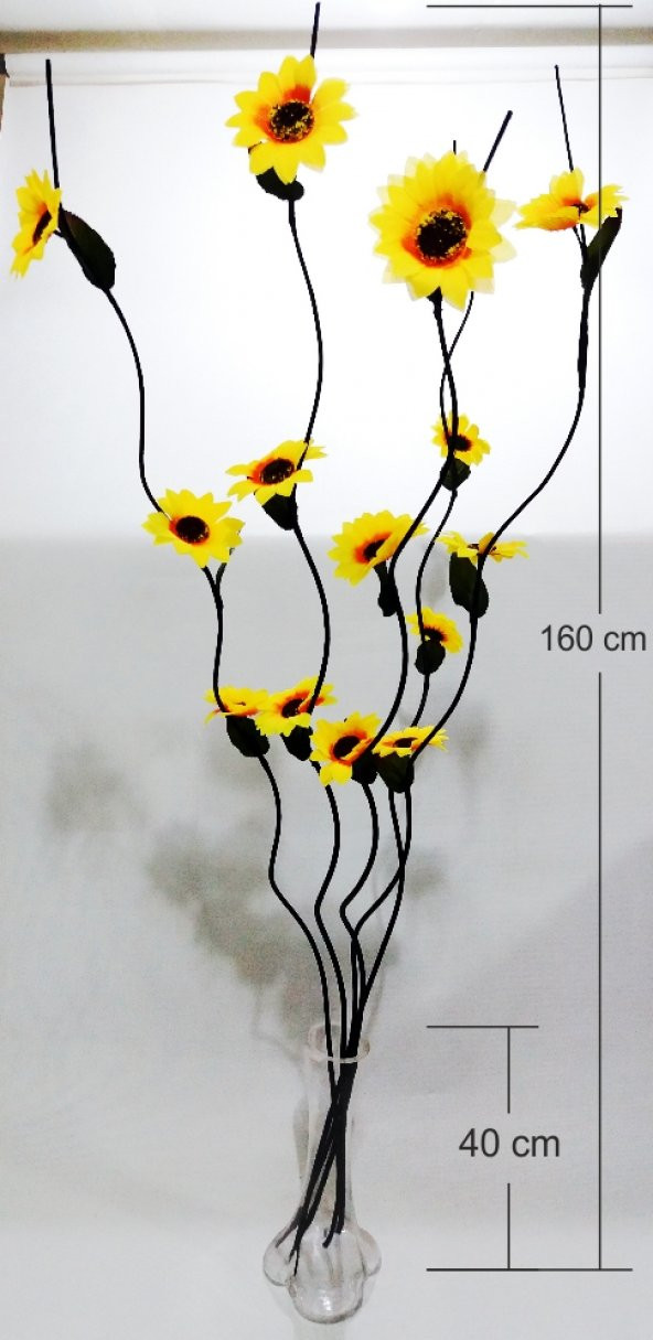 Uzun Şeffaf 40cm Cam Vazo 160cm Siyah Dal Sarı Ayçiçeği Gündoğdu ürün görseli 1